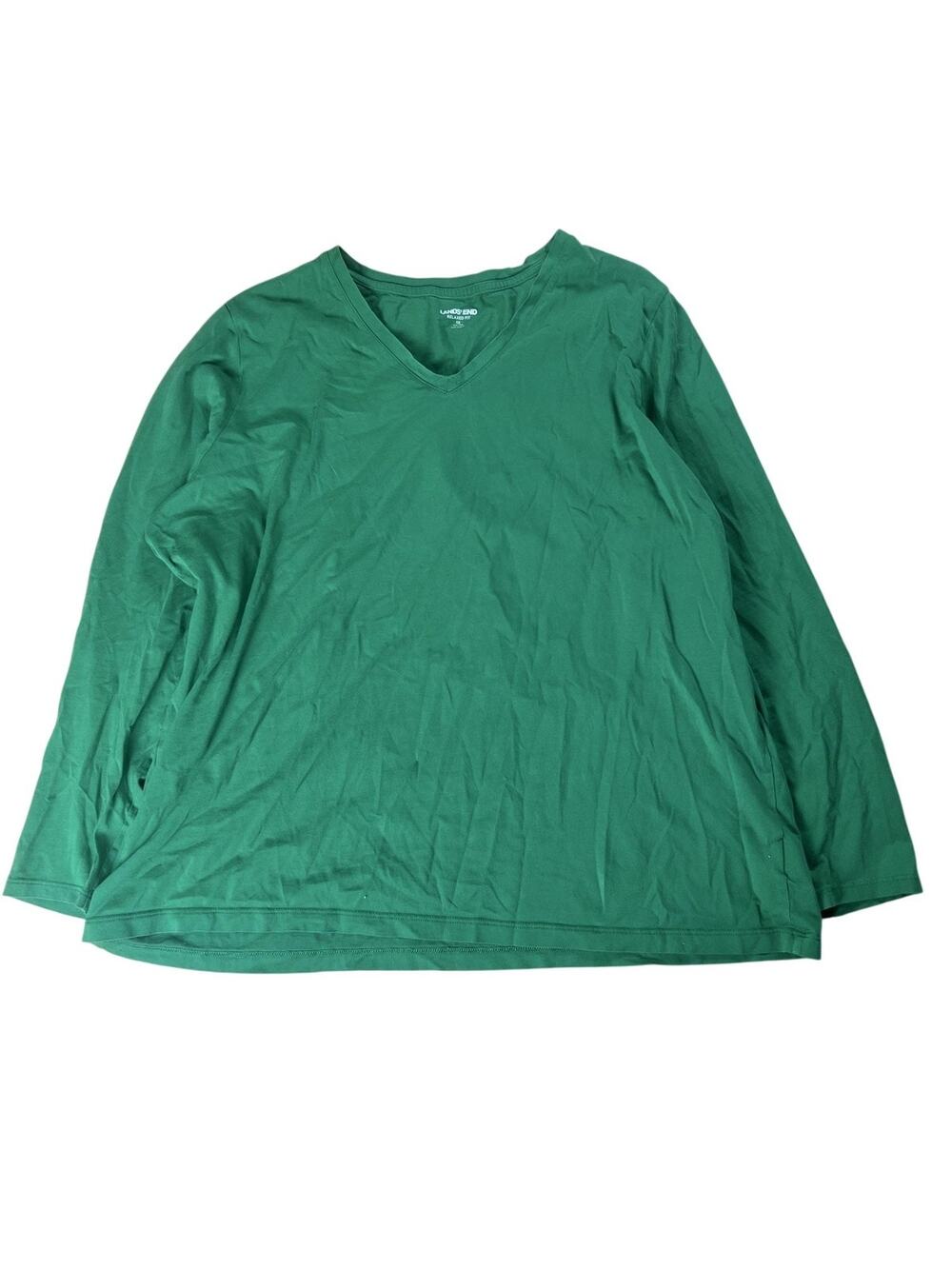 Lands' End T-Shirt Womens 1X Green V-Neck Long Sleeve 100% Cotton Relaxed